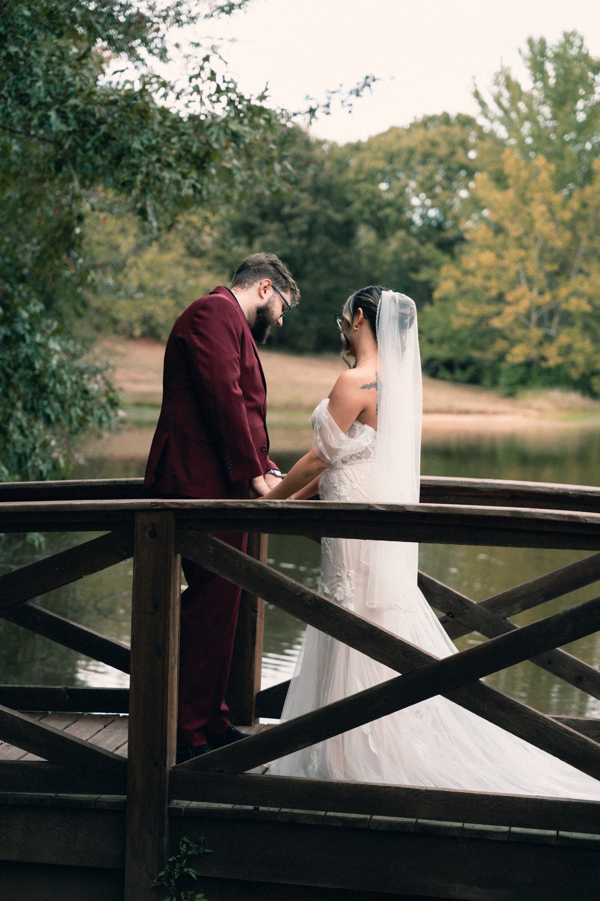 Bride and groom on a bridge, Memphis wedding photography